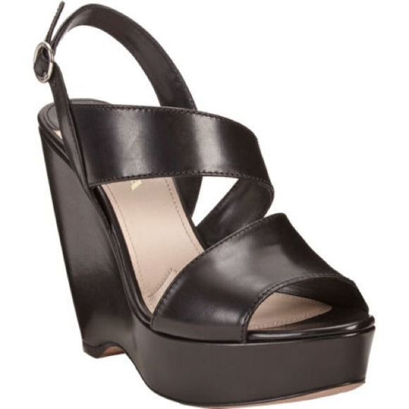 Prada Black Leather Asymmetrical Wedge Sandal 10 - Picture 1 of 9